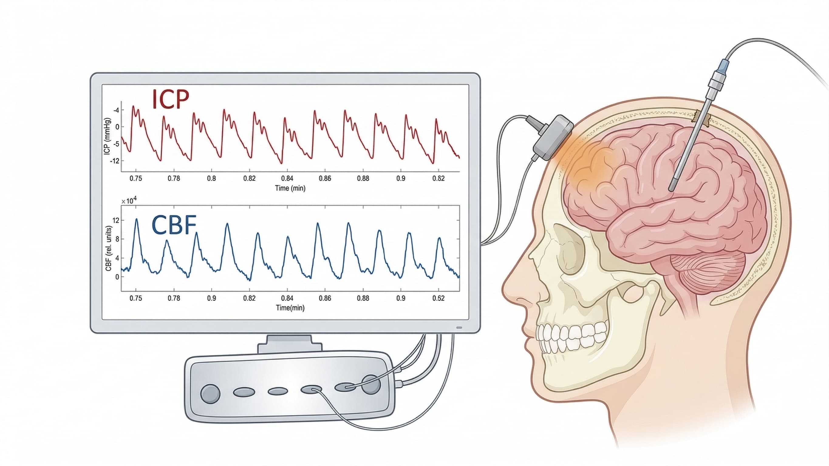 Scientific illustration showing external optical sensing and invasive ICP reference context