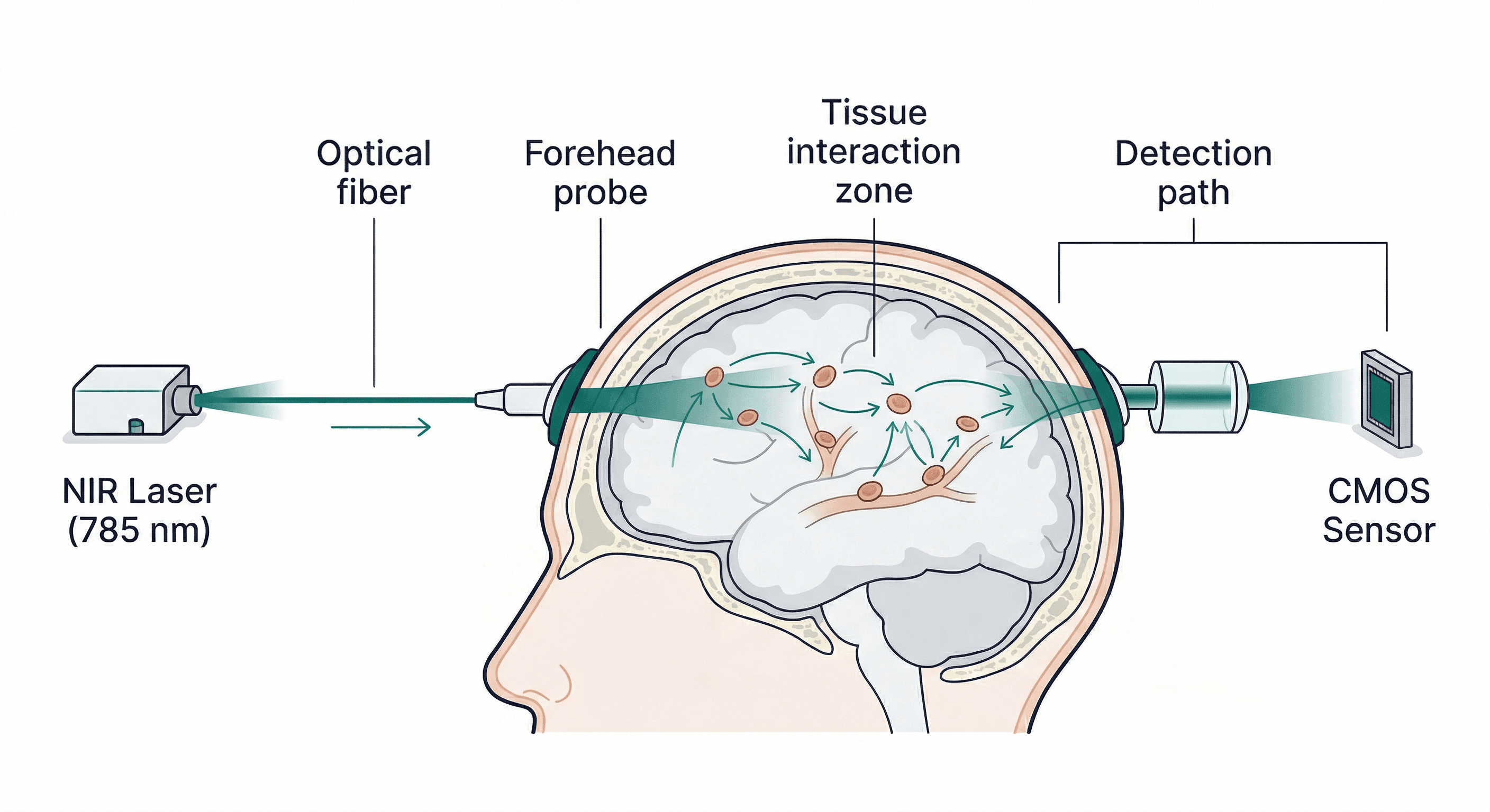 Diagram of fiber-coupled SCOS setup: NIR laser, optical fiber, forehead probe, tissue interaction zone, and CMOS sensor